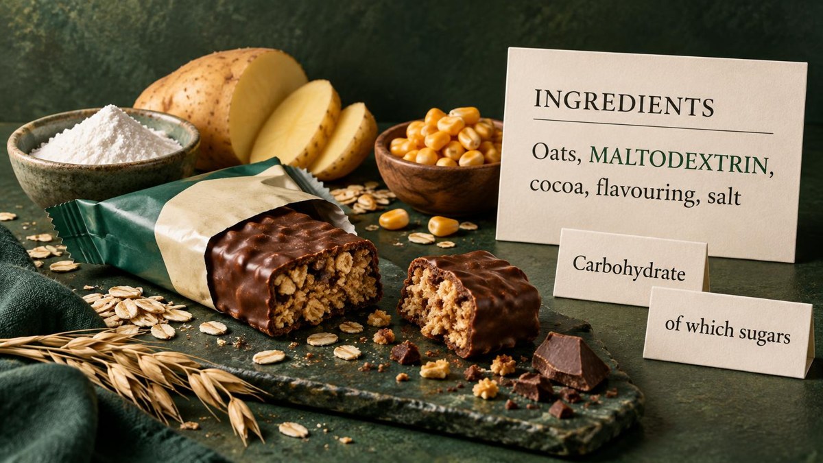 Painted editorial illustration of an opened chocolate bar, maize, potato and maltodextrin powder beside an example ingredients card and separate carbohydrate and sugars cards
