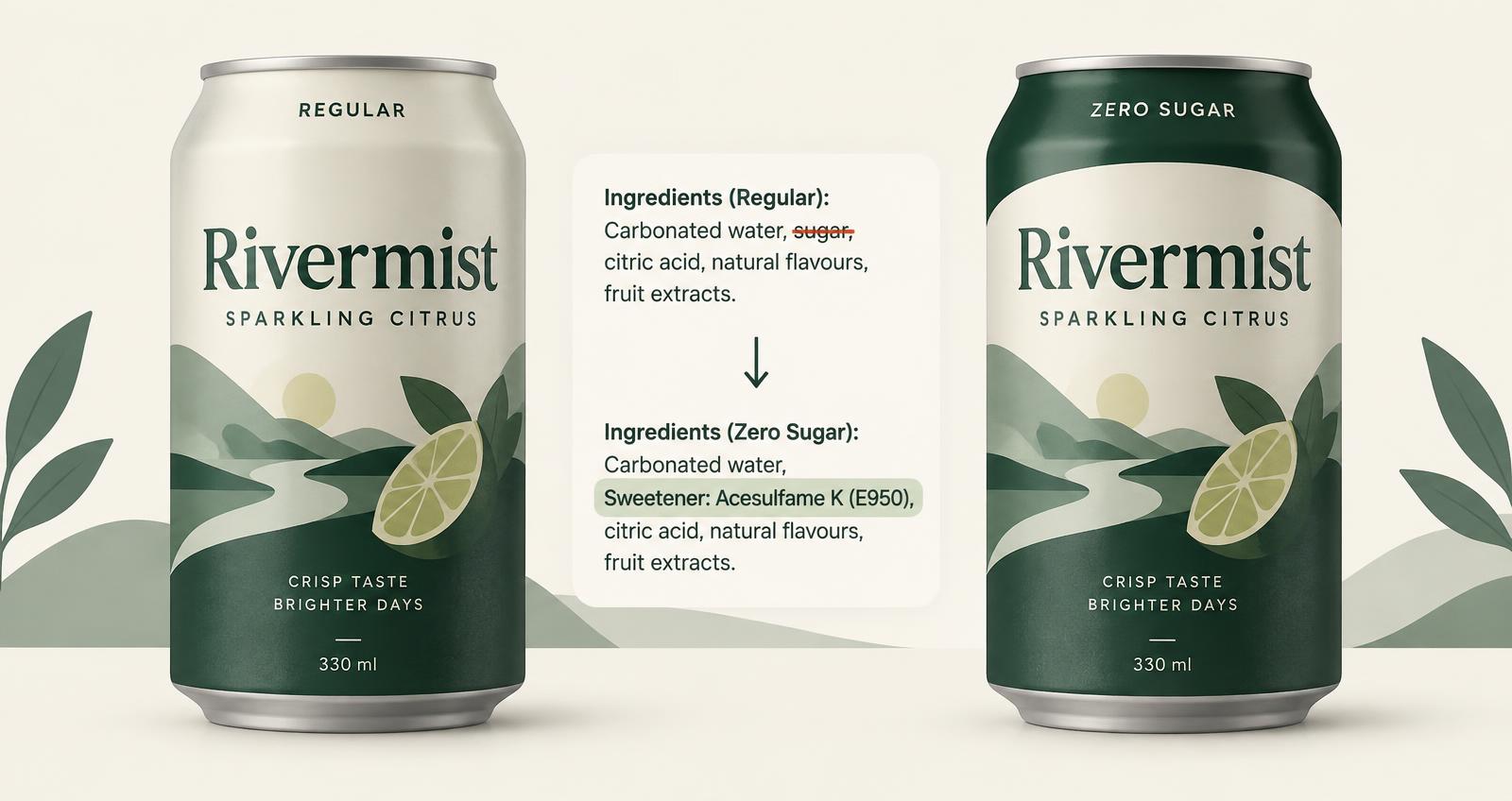 Illustration of a regular and a zero-sugar version of the same drink, with an ingredients label showing Sweetener: Acesulfame K (E950) in the zero-sugar version