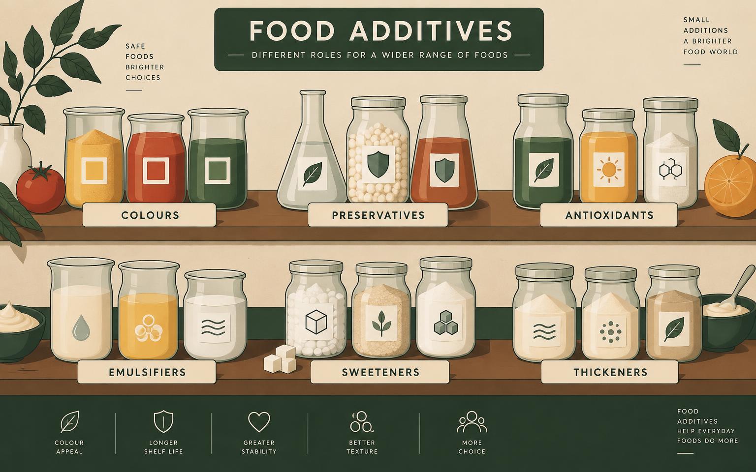 Illustration of additive families grouped as jars: colours, preservatives, antioxidants, emulsifiers, sweeteners and thickeners