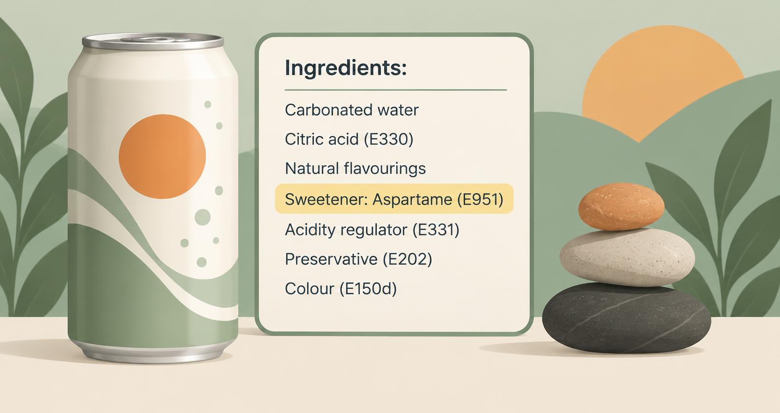 Illustration of a zero-sugar drink can beside an ingredients label with Sweetener: Aspartame (E951) highlighted and a small stack of balanced stones
