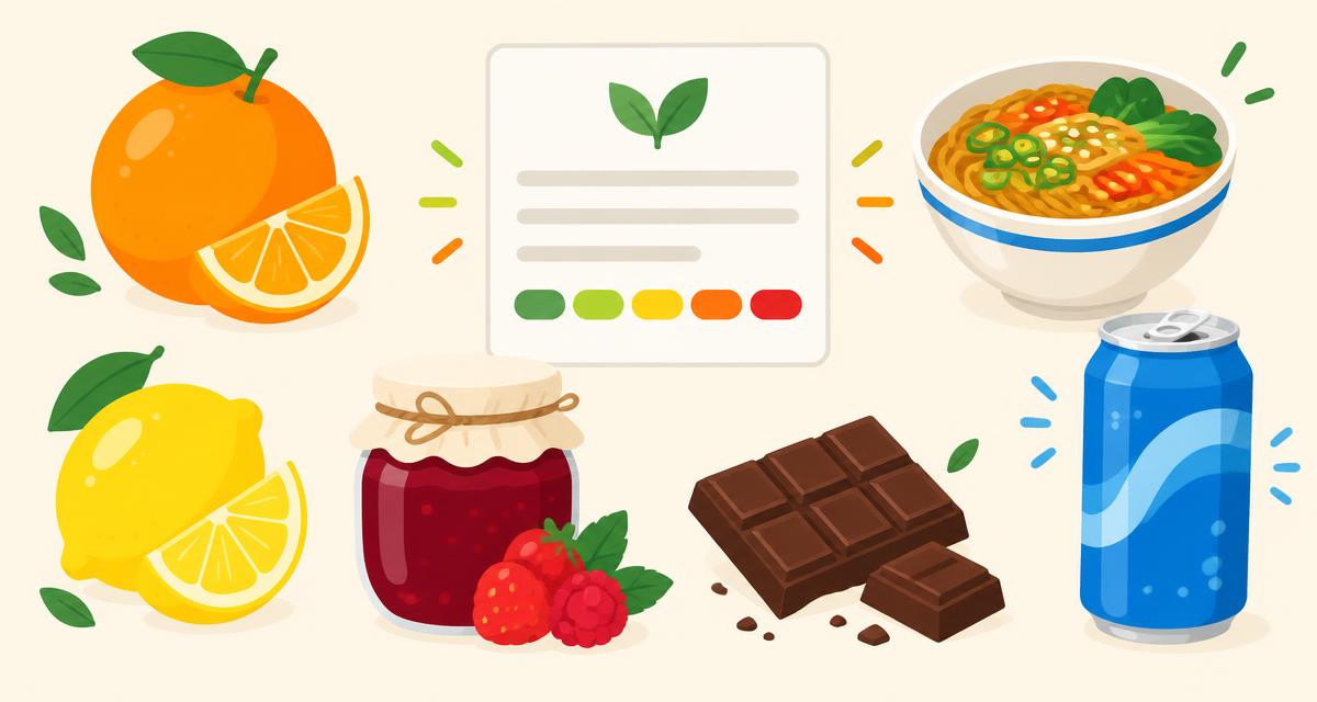 Illustration of an ingredients label with coloured highlights surrounded by an orange, a lemon, jam, chocolate, a noodle bowl and a soft drink can