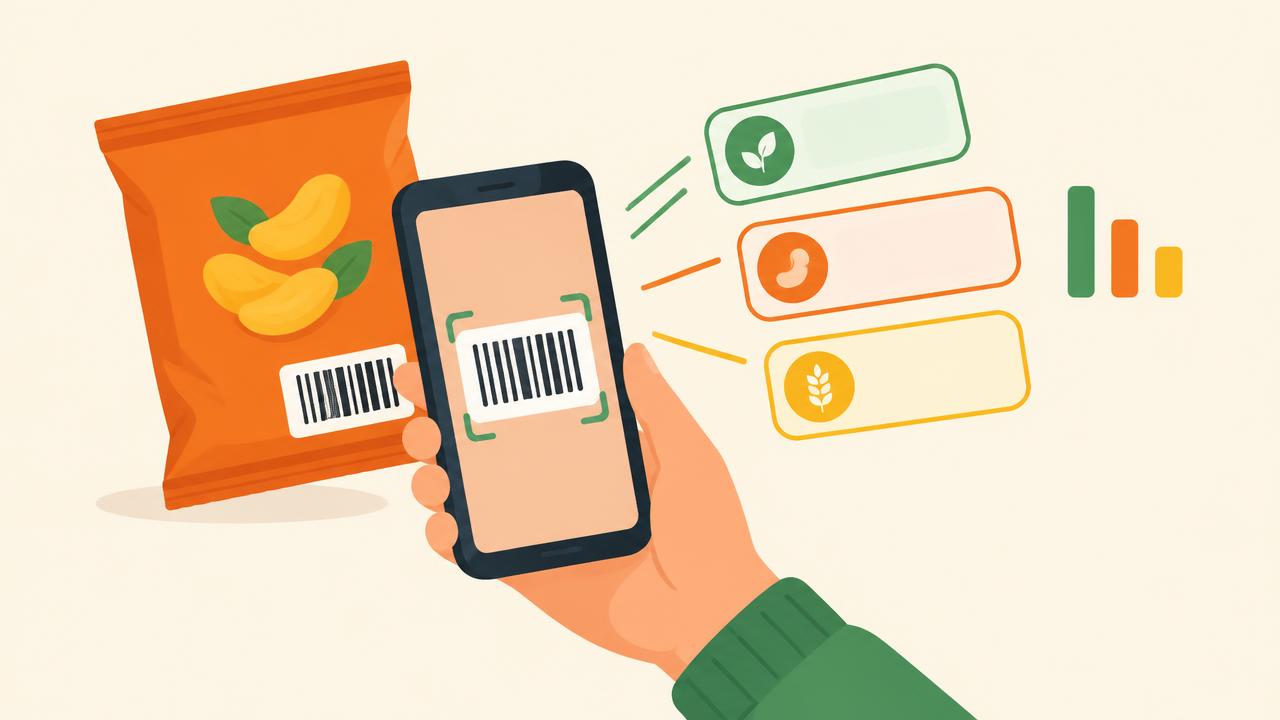 Illustration of a phone scanning a snack packet barcode with three coloured information cards appearing beside it