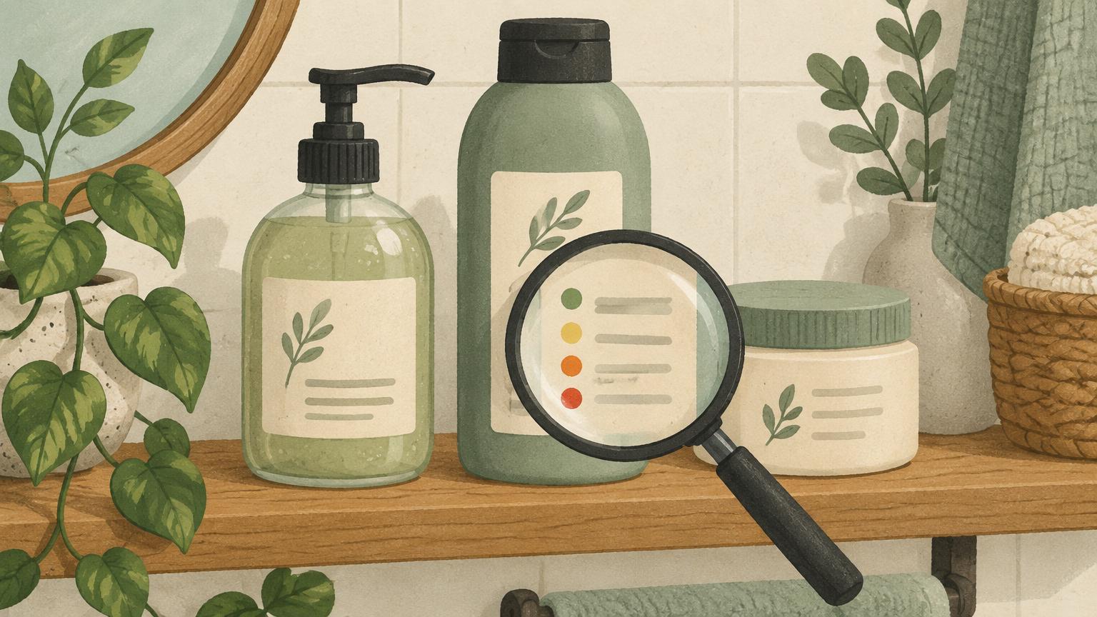 Illustration of a soap pump, shampoo and cream jar with a magnifying glass over a list of coloured dots