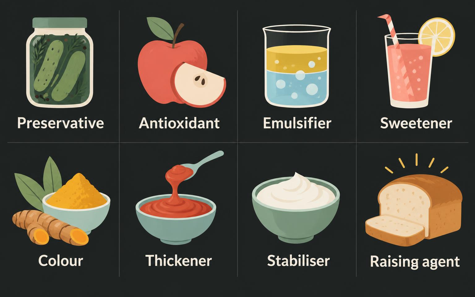 Eight illustrated additive functions: preservative, antioxidant, emulsifier, sweetener, colour, thickener, stabiliser and raising agent