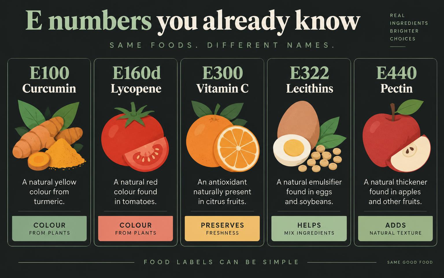 Five illustrated cards showing E100 curcumin, E160d lycopene, E300 vitamin C, E322 lecithins and E440 pectin with familiar foods