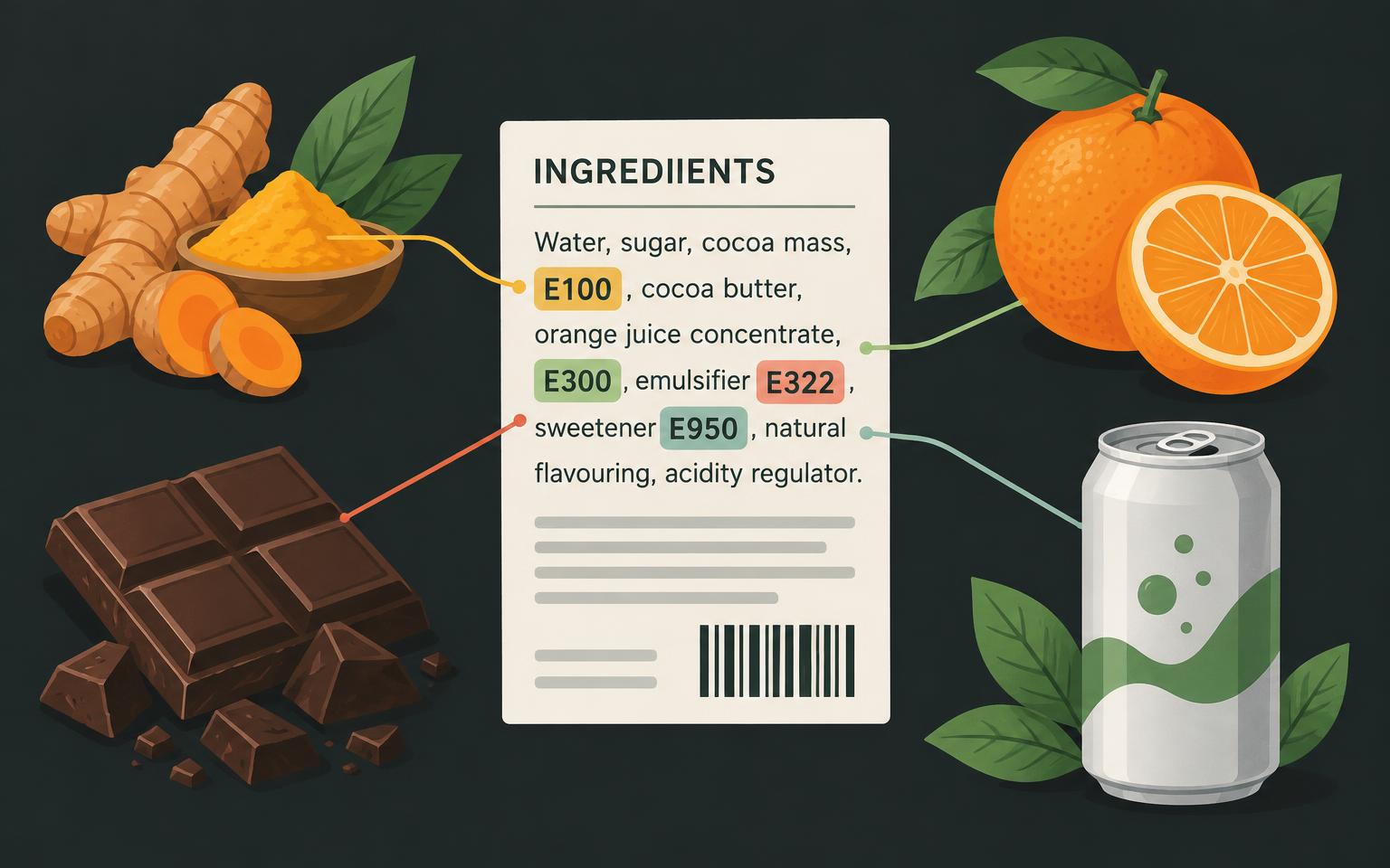 Illustrated ingredient label highlighting E100, E300, E322 and E950 beside turmeric, an orange, chocolate and a zero-sugar drink