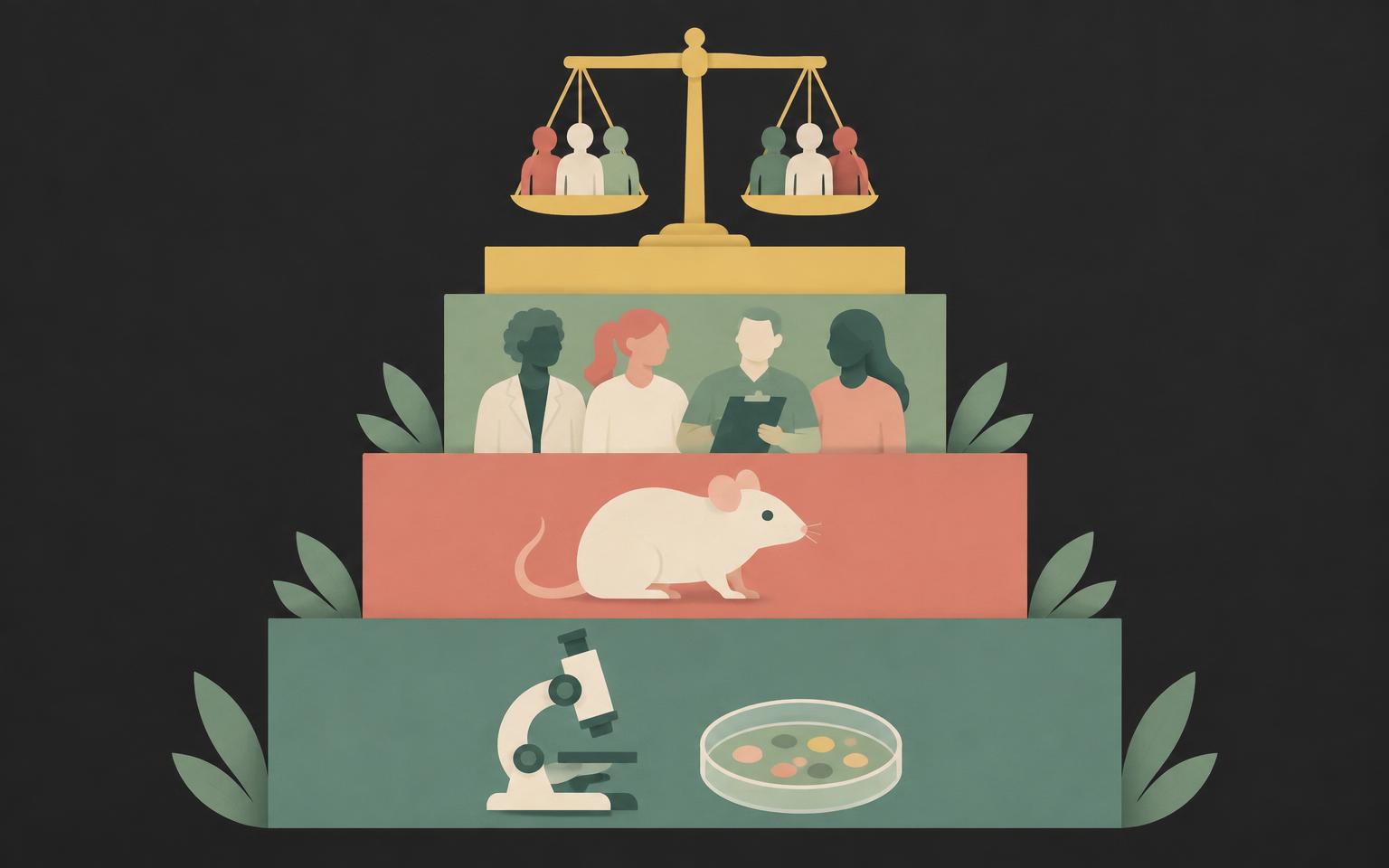 Illustrated evidence pyramid with lab studies at the base, then animal studies, then human studies, and controlled trials at the top
