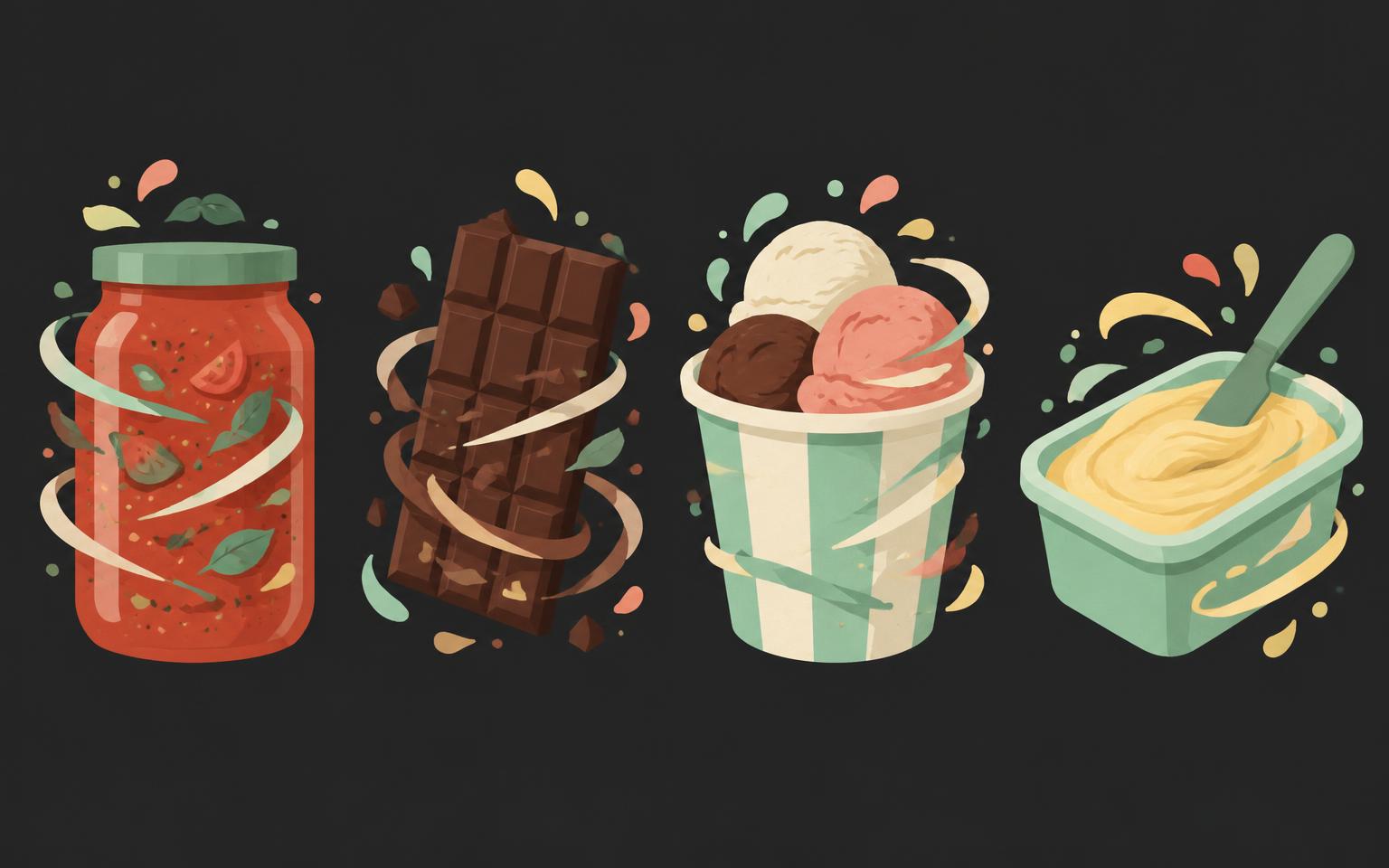 Illustration of a jar of sauce, a chocolate bar, a tub of ice cream and a tub of spread with swirls showing ingredients kept mixed