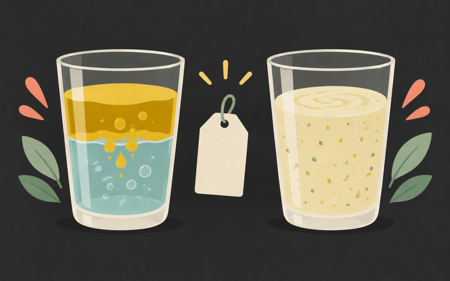 Illustration of oil and water separated in one glass and smoothly mixed in another, with a blank tag between them
