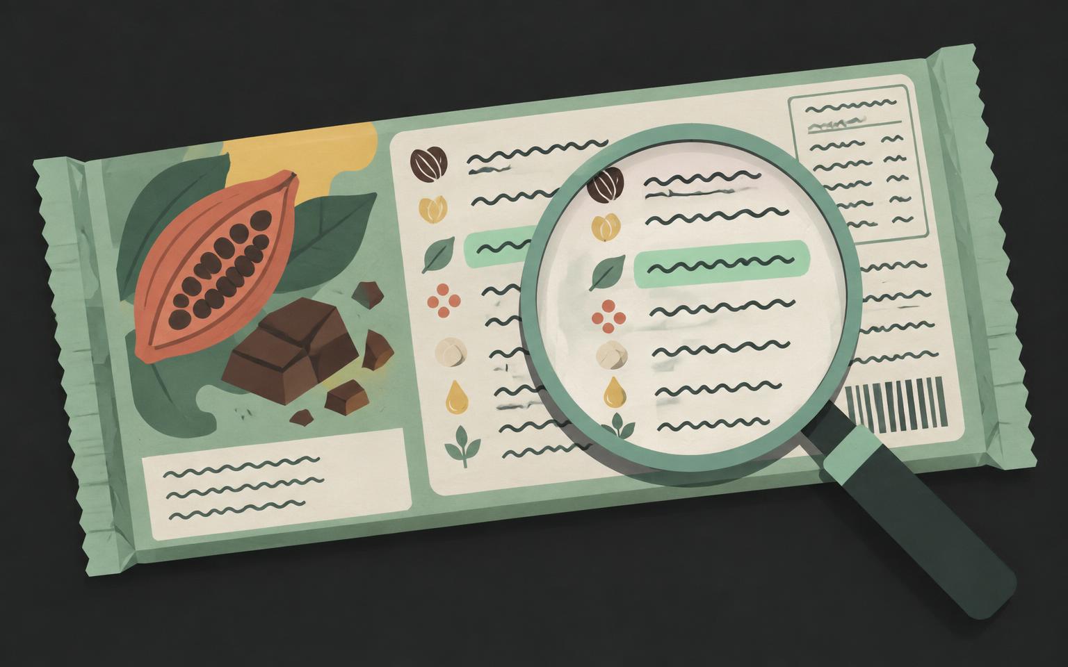 Illustration of a chocolate bar wrapper with its ingredients panel under a magnifying glass and one line highlighted