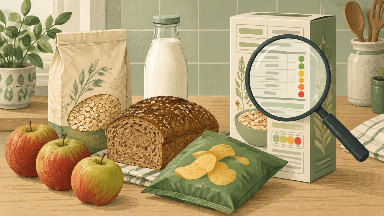 Illustration of oats, bread, milk, apples and crisps, with a magnifying glass over a nutrition panel