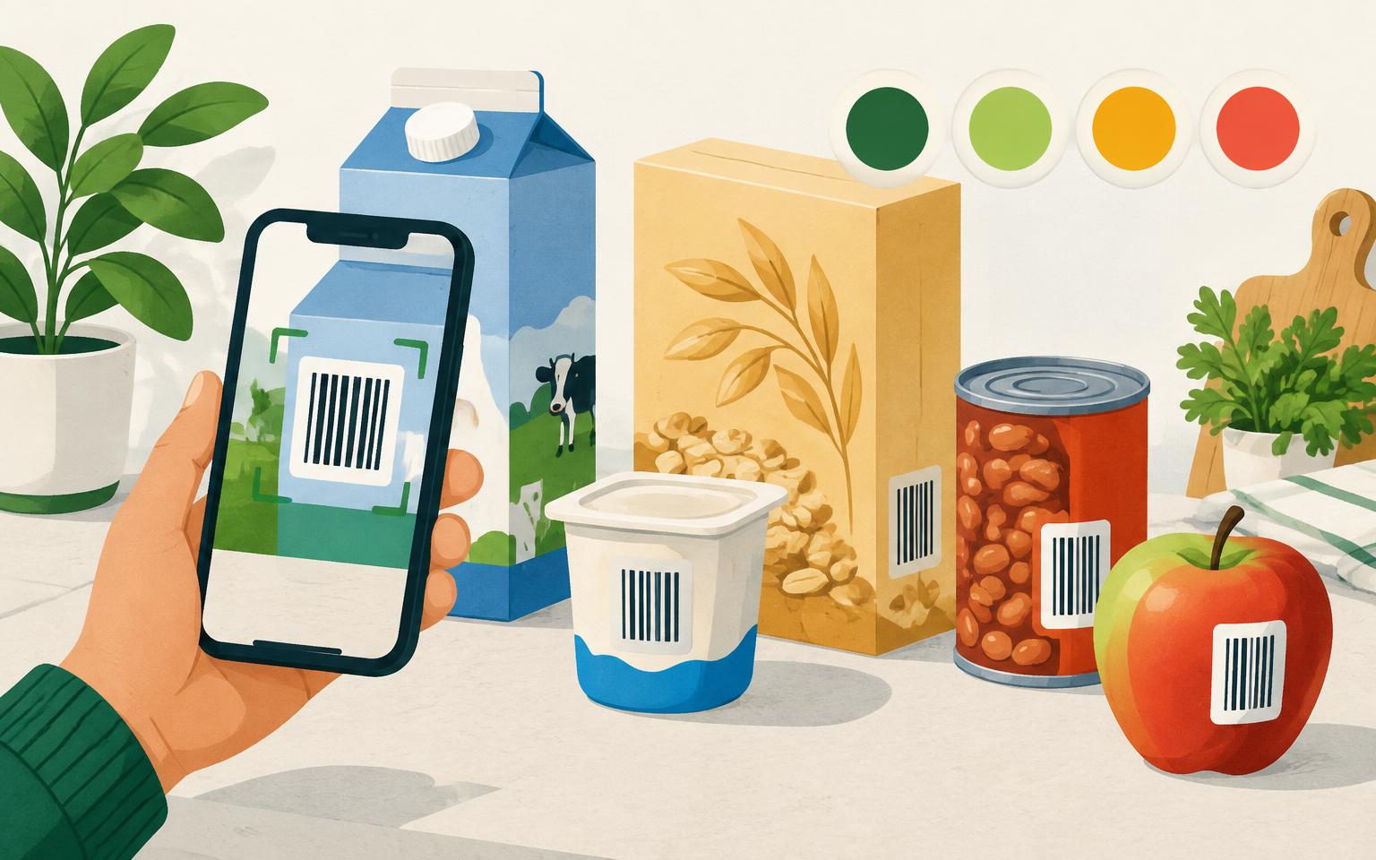 Illustration of a phone scanning barcodes on milk, oats, yoghurt, beans and an apple beside four coloured score markers
