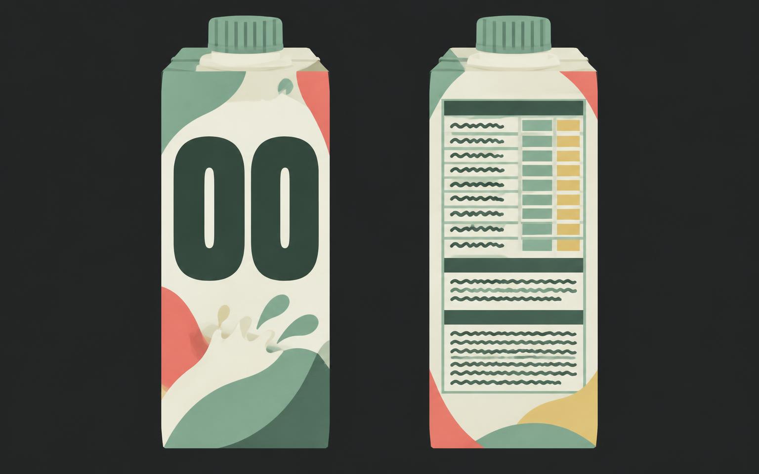 Illustration of a protein drink carton with one large number on the front and a full nutrition table and ingredients list on the back