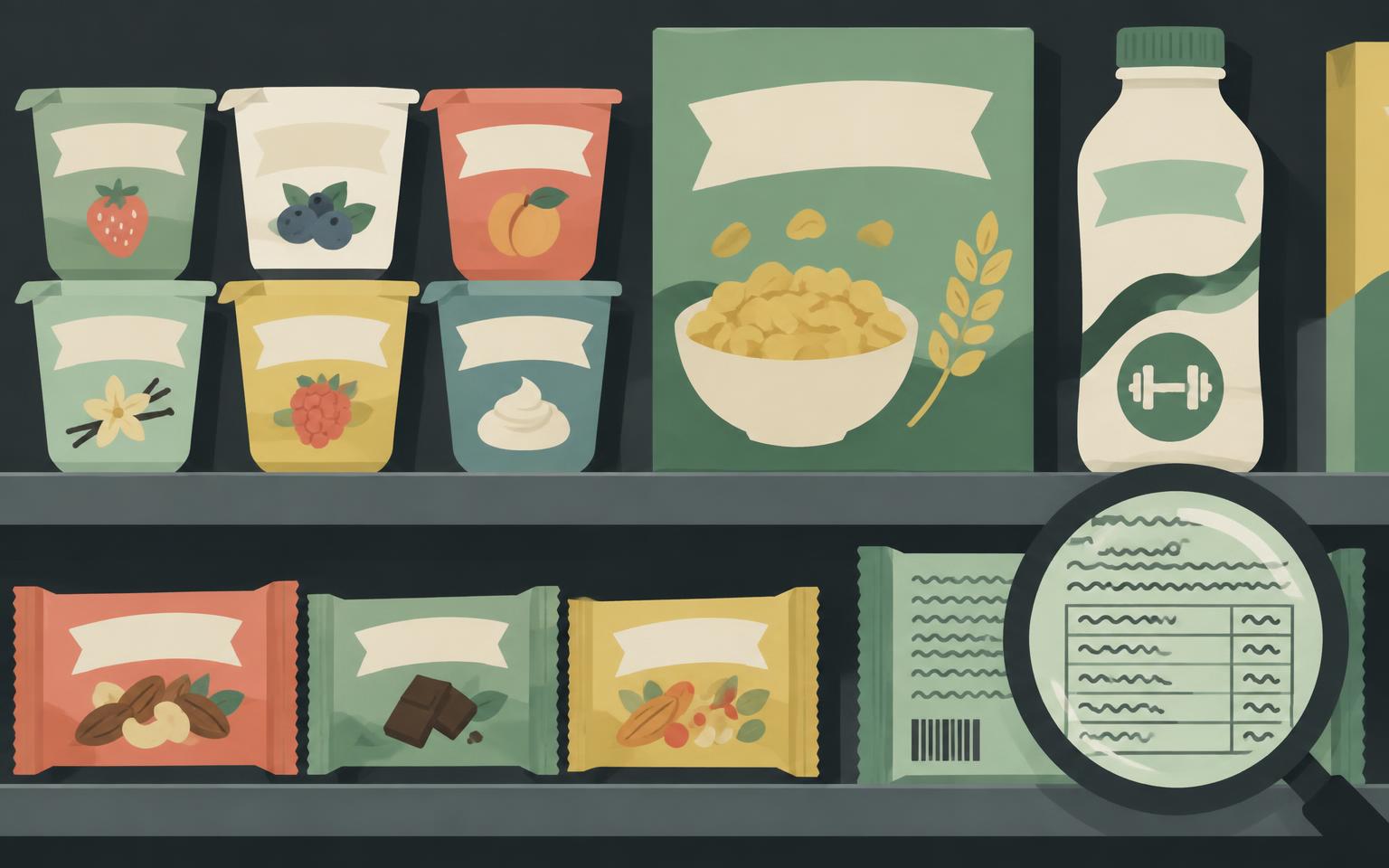 Illustrated supermarket shelf of yoghurts, cereal, a protein drink and snack bars with large front banners, and a magnifying glass over a nutrition table