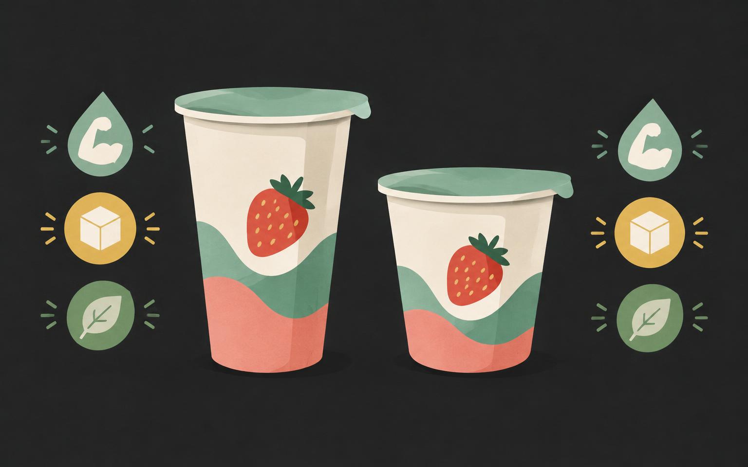 Illustration of two strawberry yoghurt pots of different sizes with protein, sugar and sweetener icons beside each
