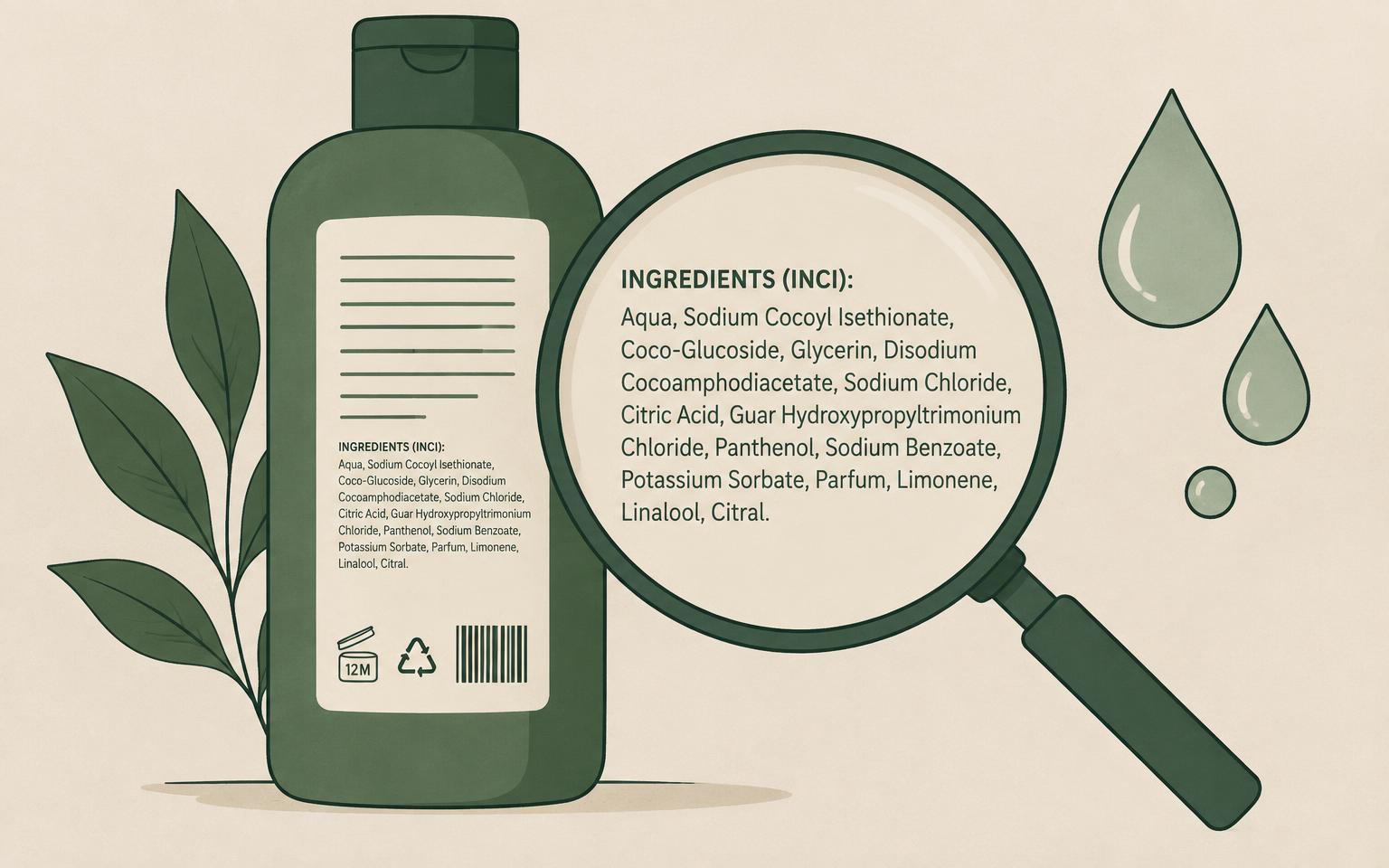 Illustration of an INCI ingredient list on a shampoo bottle viewed through a magnifying glass