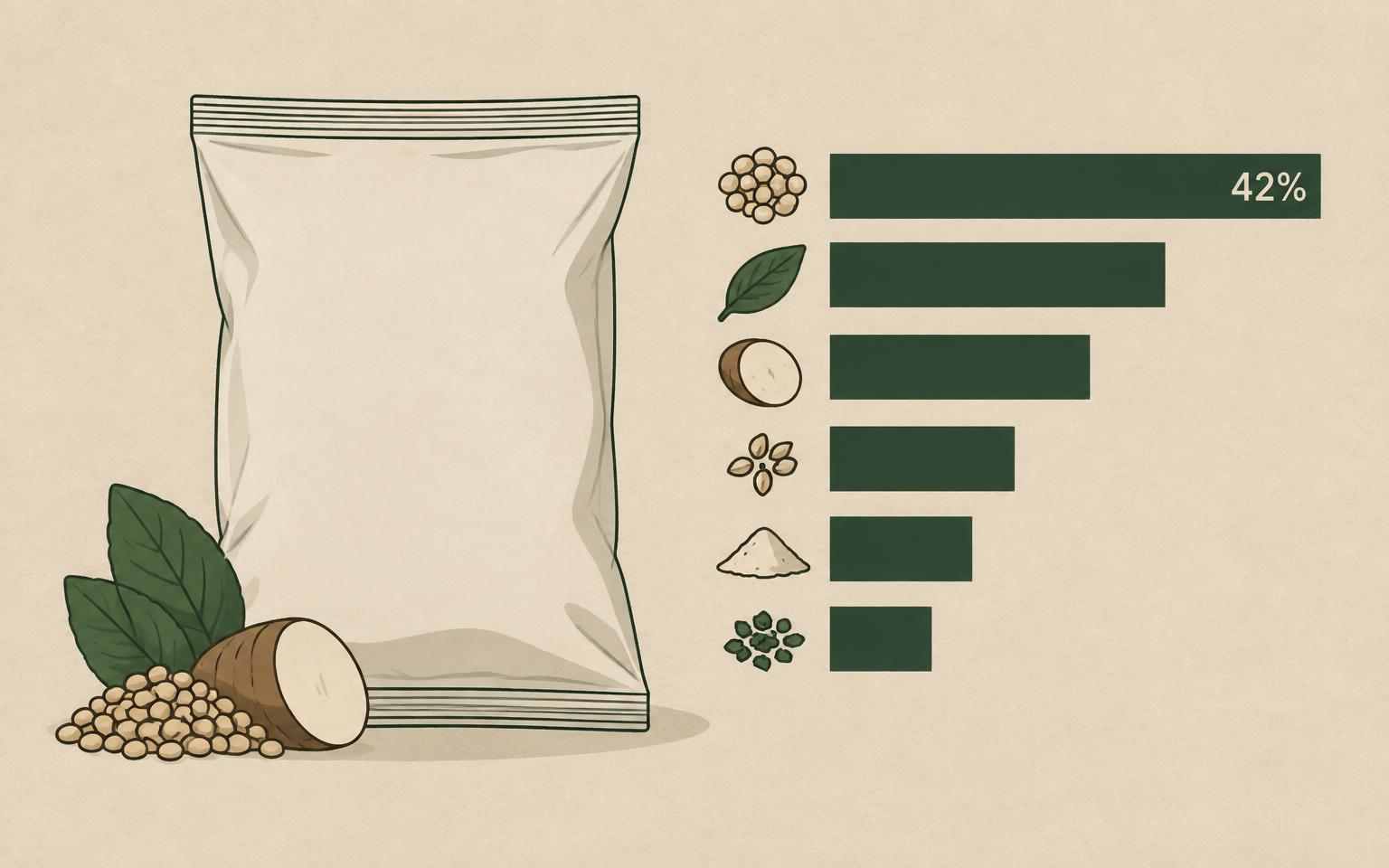 Diagram showing ingredients ordered by descending weight, with a percentage declared on the largest