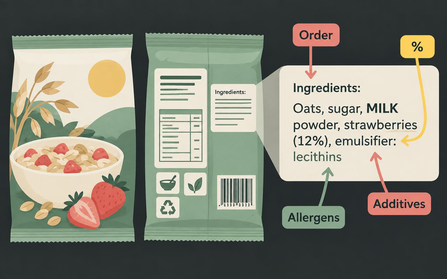 Illustrated food packet turned to its back with the ingredients list enlarged and tags for order, percentages, allergens and additives