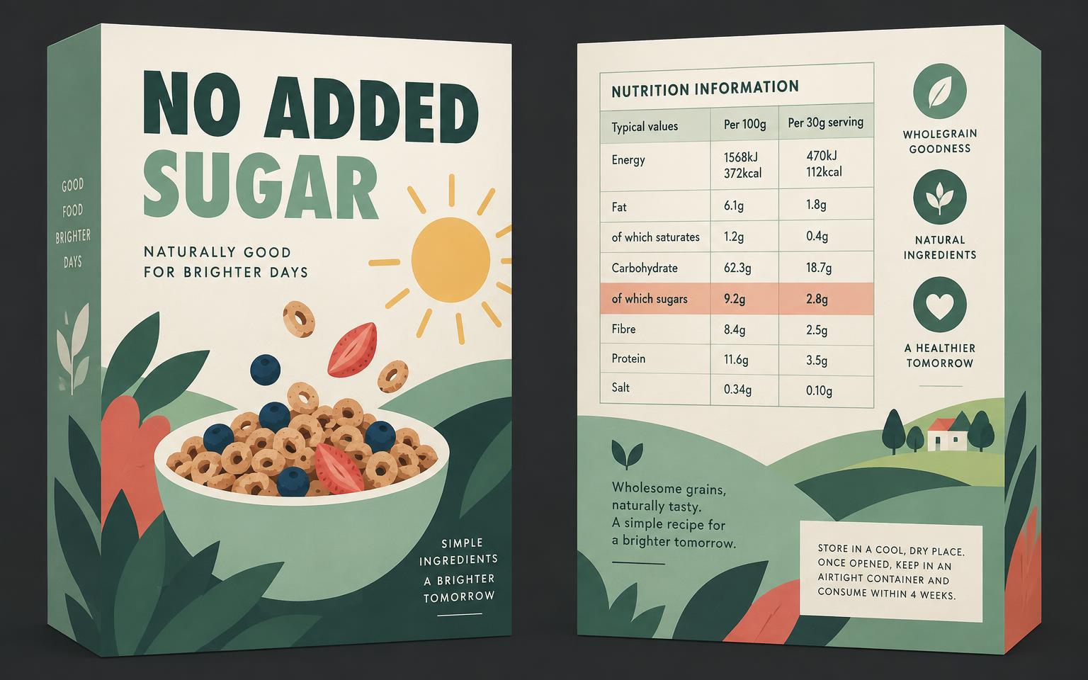 Illustrated cereal box reading No Added Sugar beside its nutrition table with the sugars row highlighted