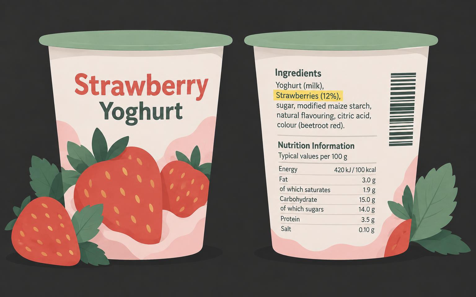 Illustrated strawberry yoghurt pot with strawberries on the front and Strawberries (12%) highlighted on the back