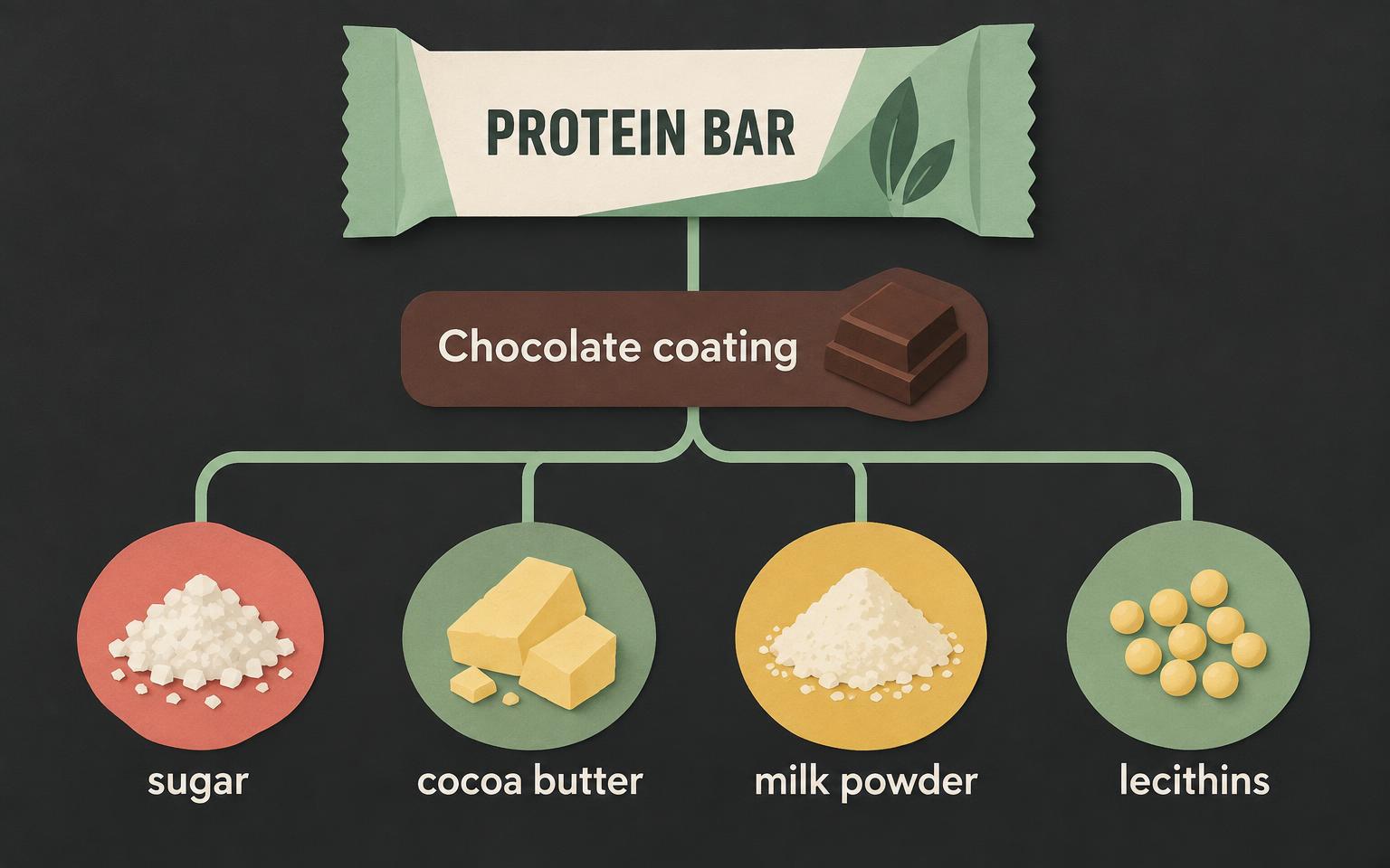 Ingredient tree from a protein bar to its chocolate coating, then to sugar, cocoa butter, milk powder and lecithins