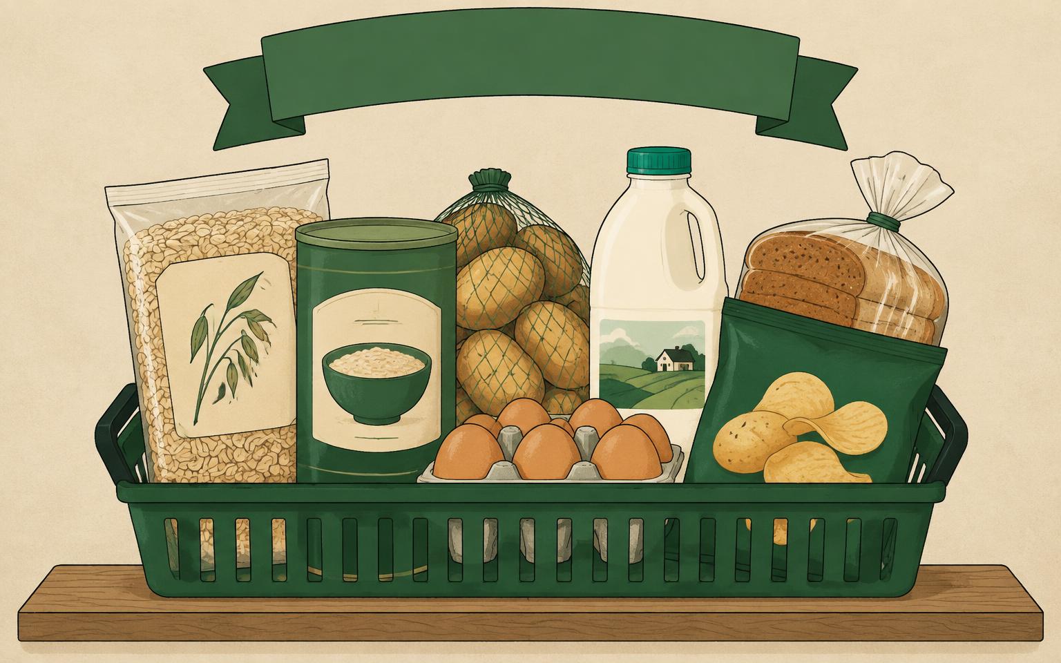 Illustration of a basket of Irish grocery staples including oats, potatoes, milk, bread, eggs and crisps