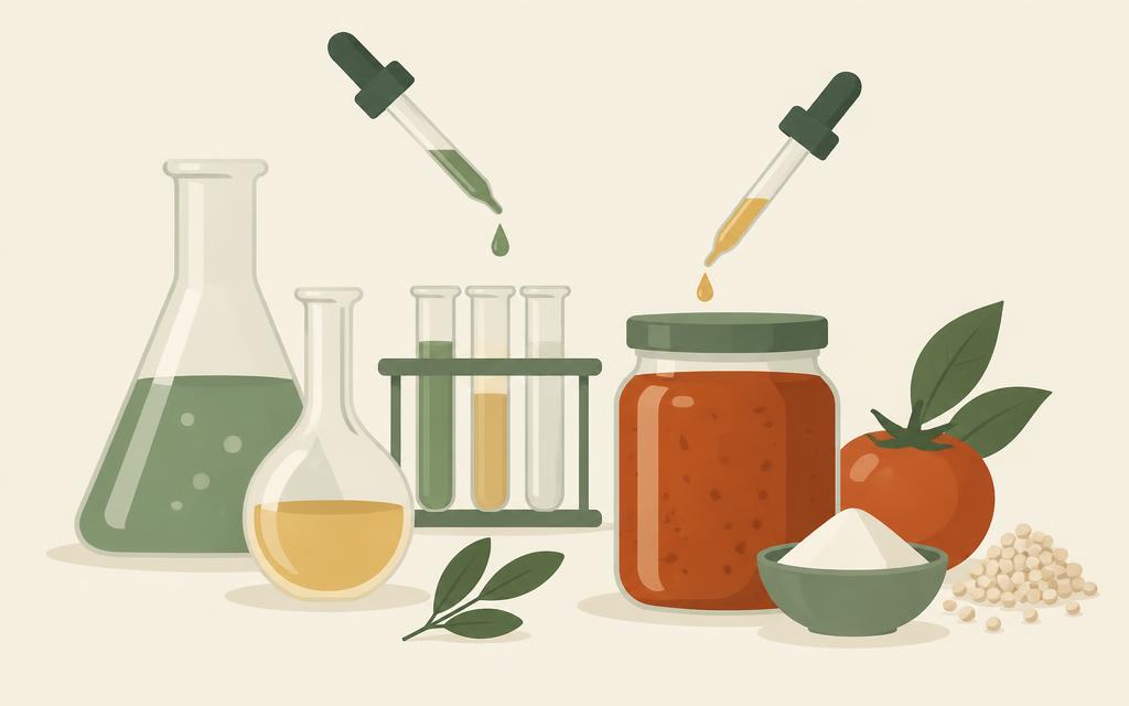 Illustration of flasks and droppers beside a food jar