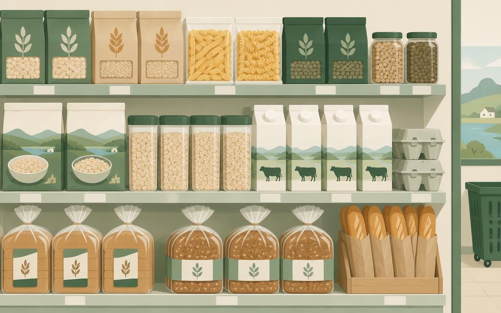 Illustration of a supermarket shelf of grocery staples