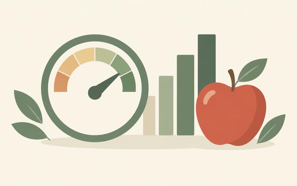 Illustration of a score dial with bar chart shapes and an apple