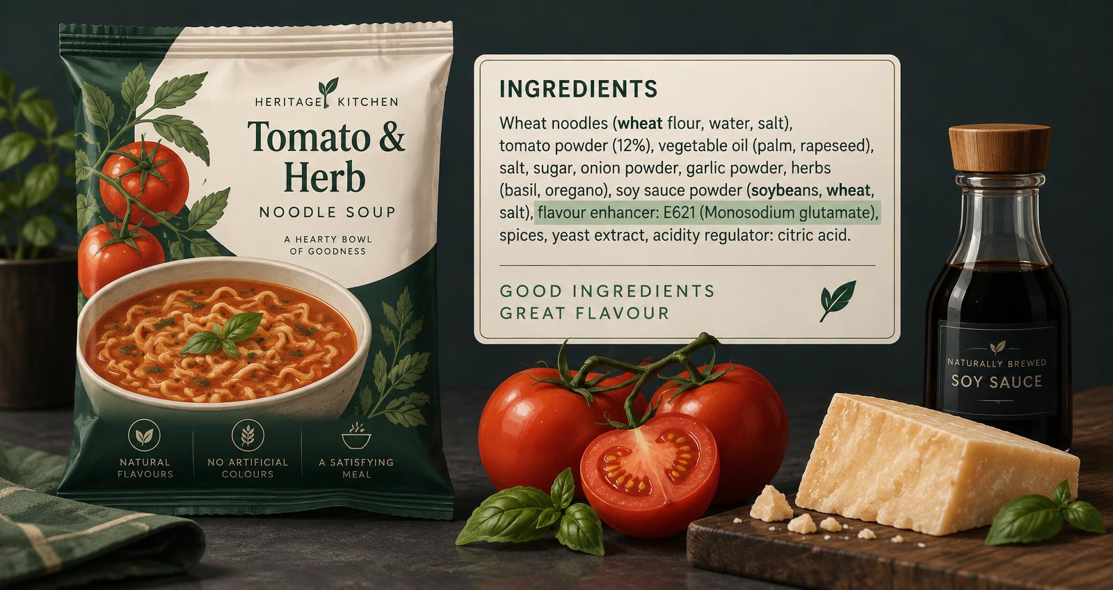 Illustration of a packet of noodle soup beside an ingredients panel highlighting Flavour enhancer: E621 (Monosodium glutamate), with tomatoes, soy sauce and mature cheese