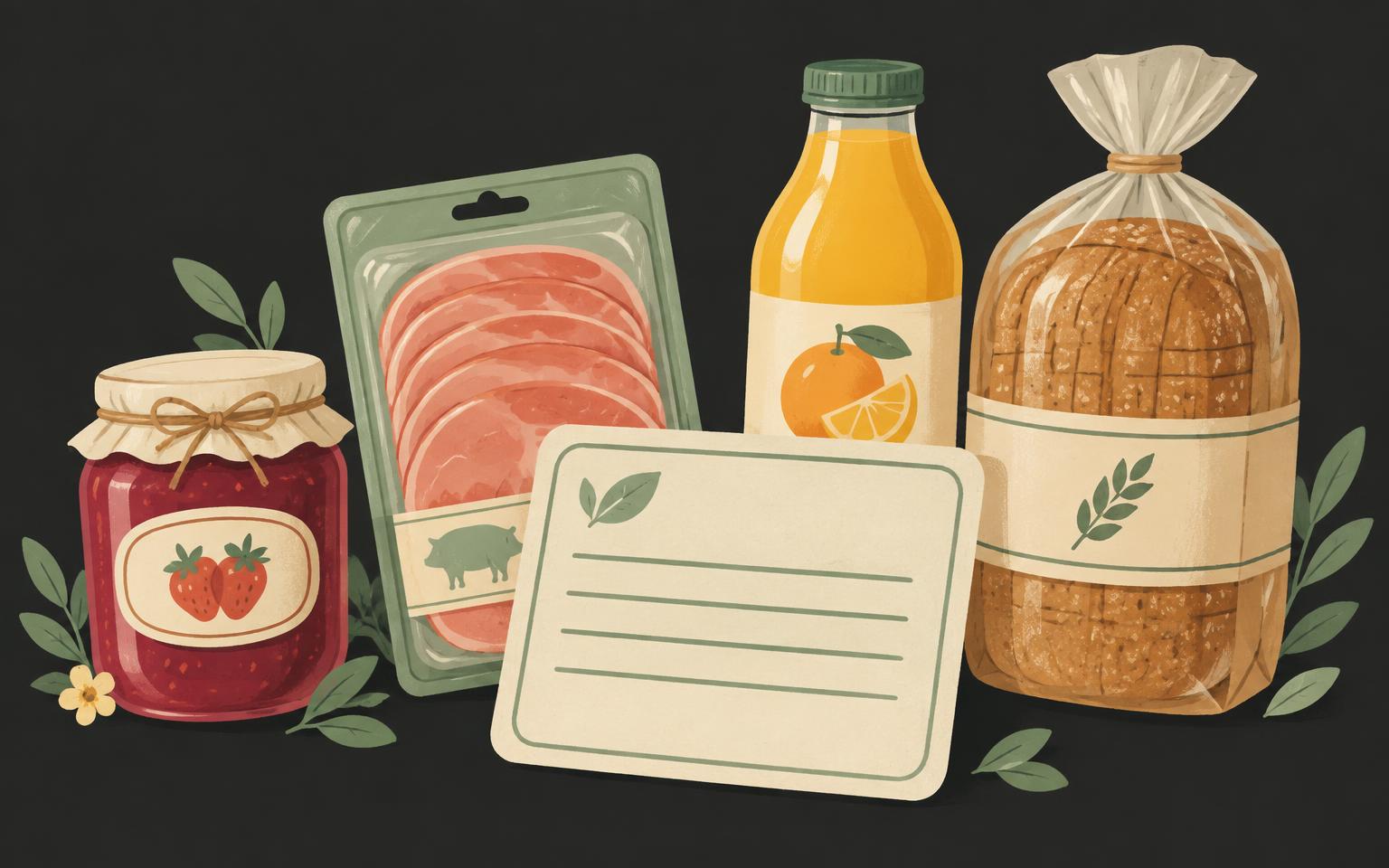 Illustration of jam, sliced ham, juice and bread behind a large blank ingredients label