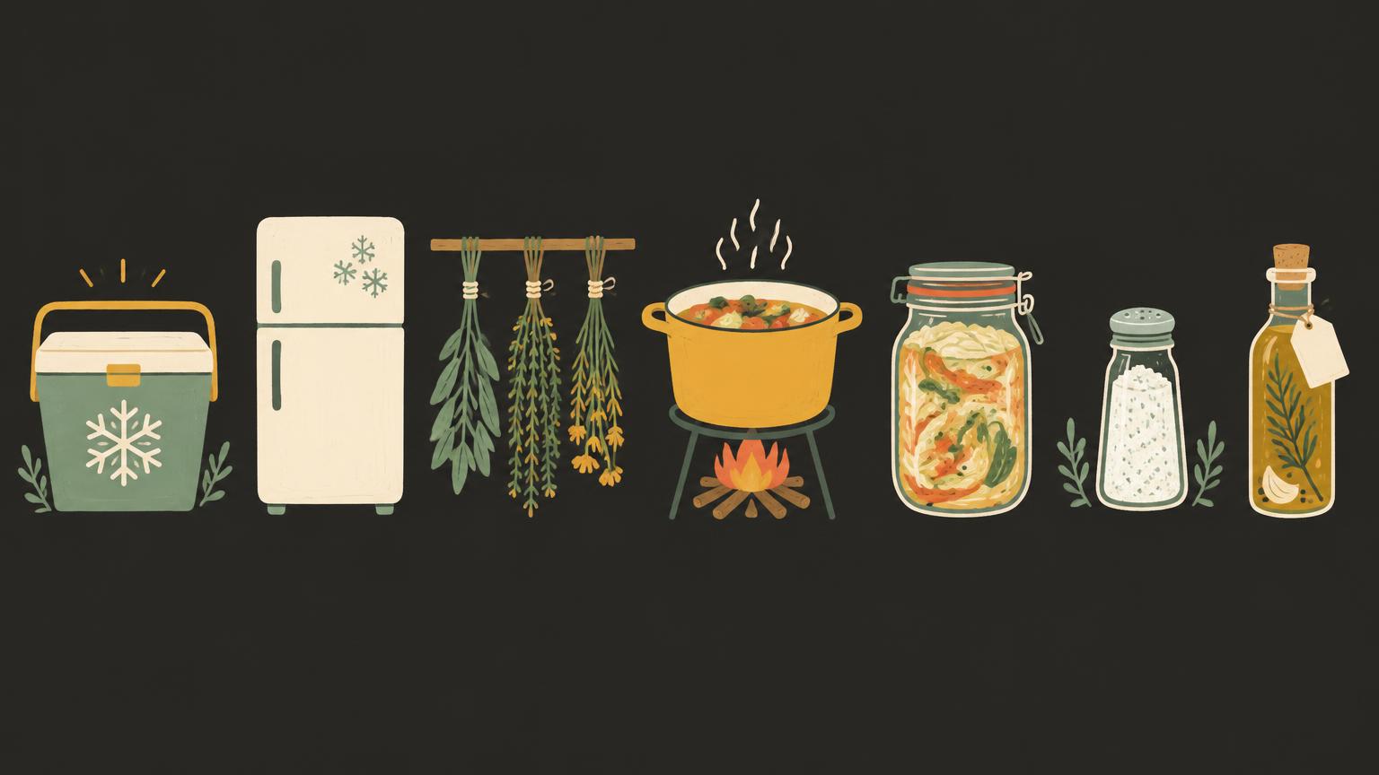 Seven ways to preserve food: a cool box, a freezer, drying herbs, a pot over a flame, a fermenting jar, salt and a small bottle