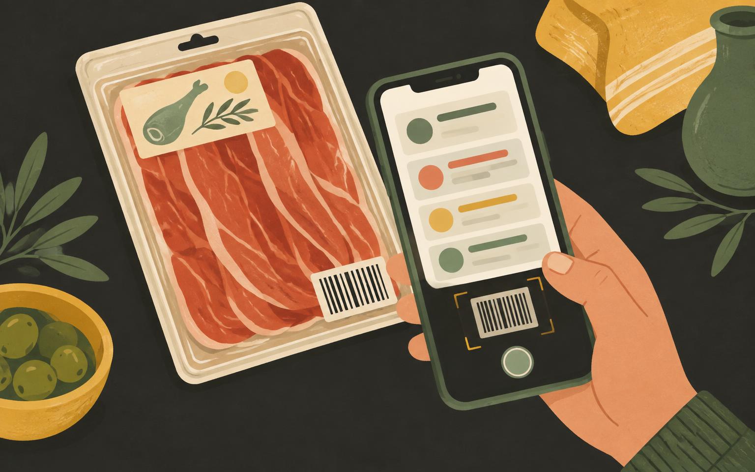 A hand scanning the barcode on a packet of cured ham with a phone showing a result