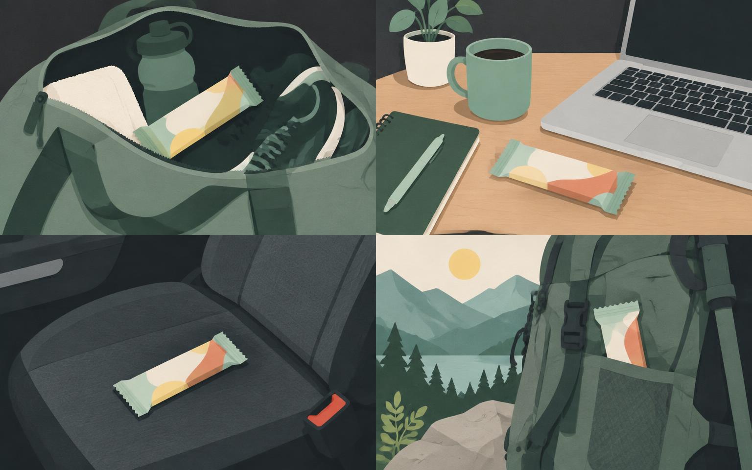 The same generic protein bar in a gym bag, on an office desk, on a car seat and in a backpack