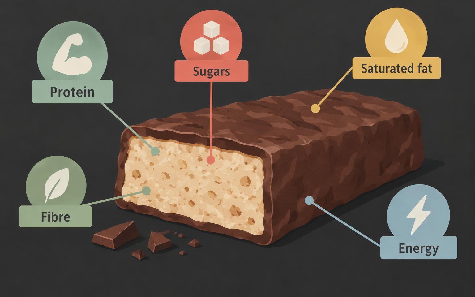Cutaway of a generic chocolate-coated protein bar with callouts for protein, sugars, saturated fat, fibre and energy