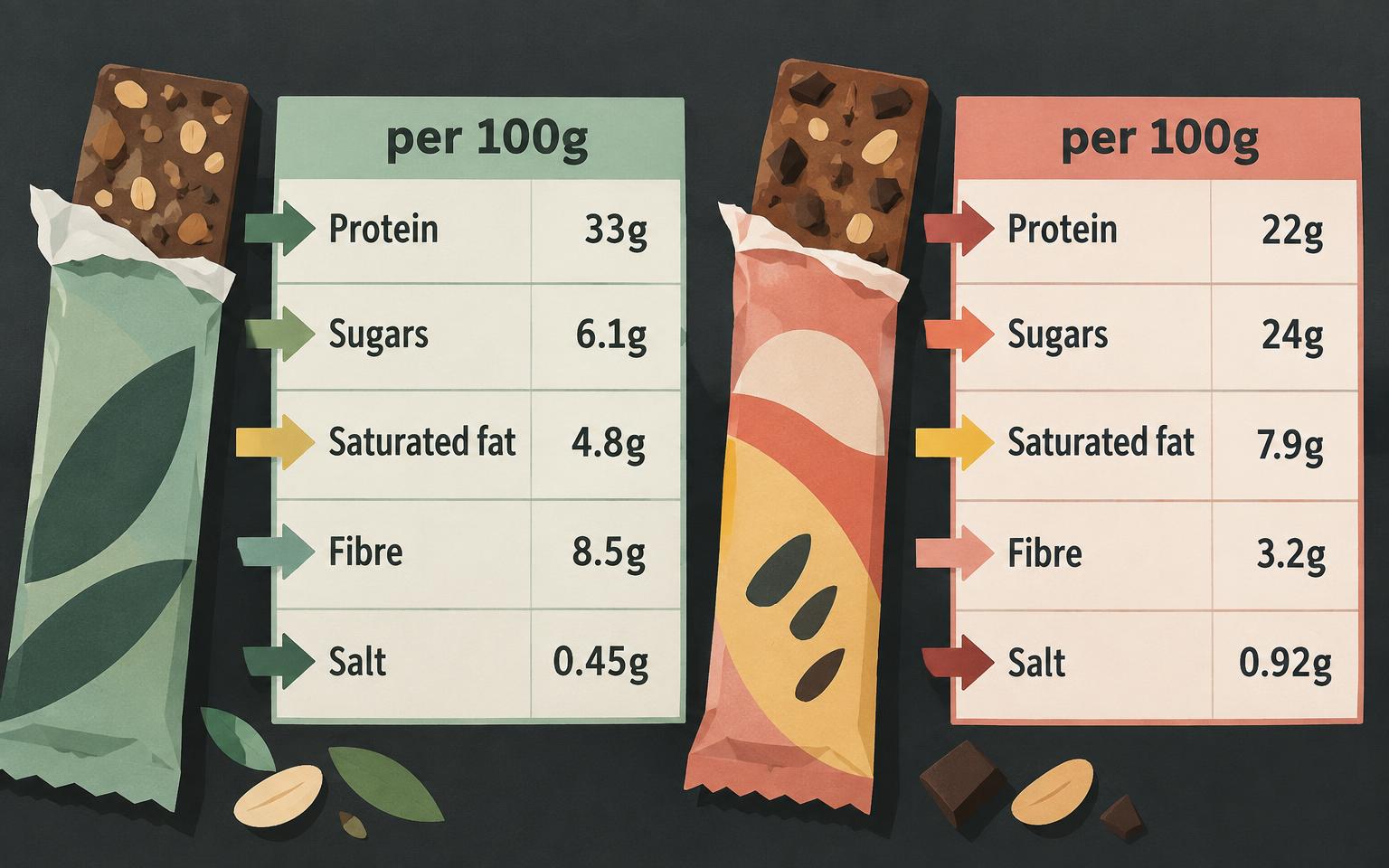 Two generic protein bar nutrition panels per 100 g with arrows to protein, sugars, saturated fat, fibre and salt