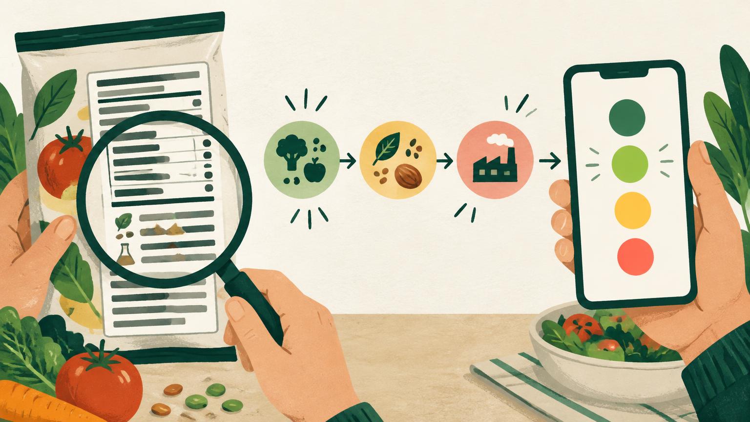 Illustration showing a detailed ingredient label being interpreted through nutrition, ingredient and processing factors before reaching four score bands on a phone