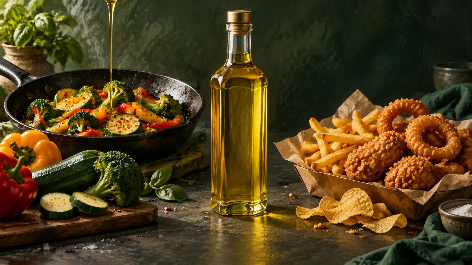 Painted editorial illustration of a bottle of golden cooking oil between a pan of home-cooked vegetables and a tray of deep-fried snack food