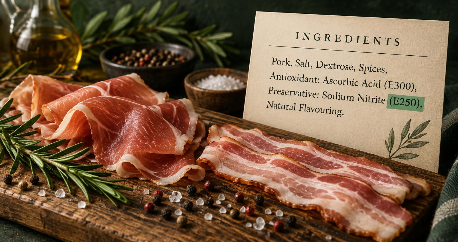 Illustration of sliced cured ham and bacon on a wooden board beside an ingredients card highlighting Preservative: Sodium Nitrite (E250)
