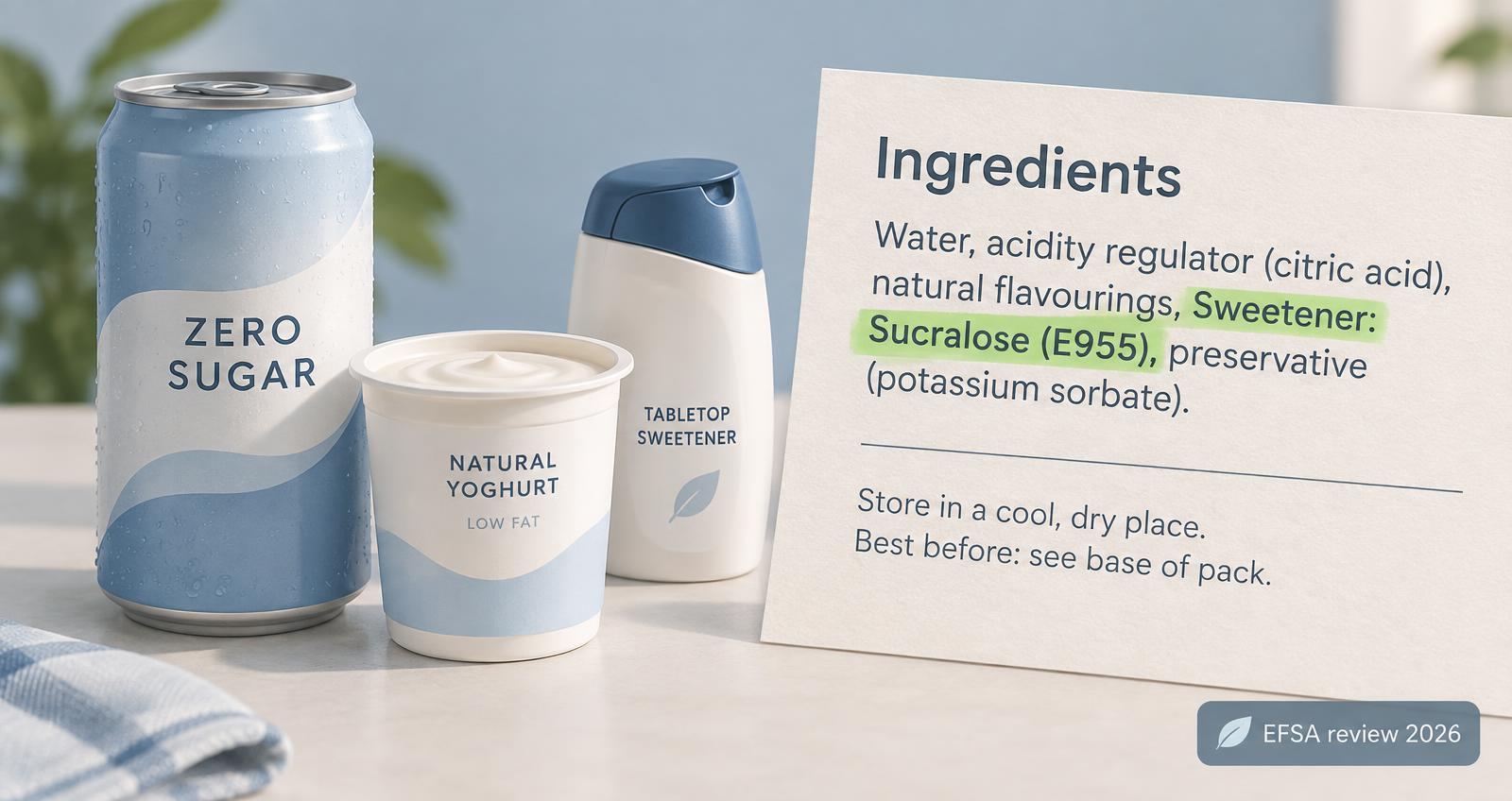 Illustration of a zero-sugar drink, a yoghurt and a tabletop sweetener beside an ingredients label with Sweetener: Sucralose (E955) highlighted