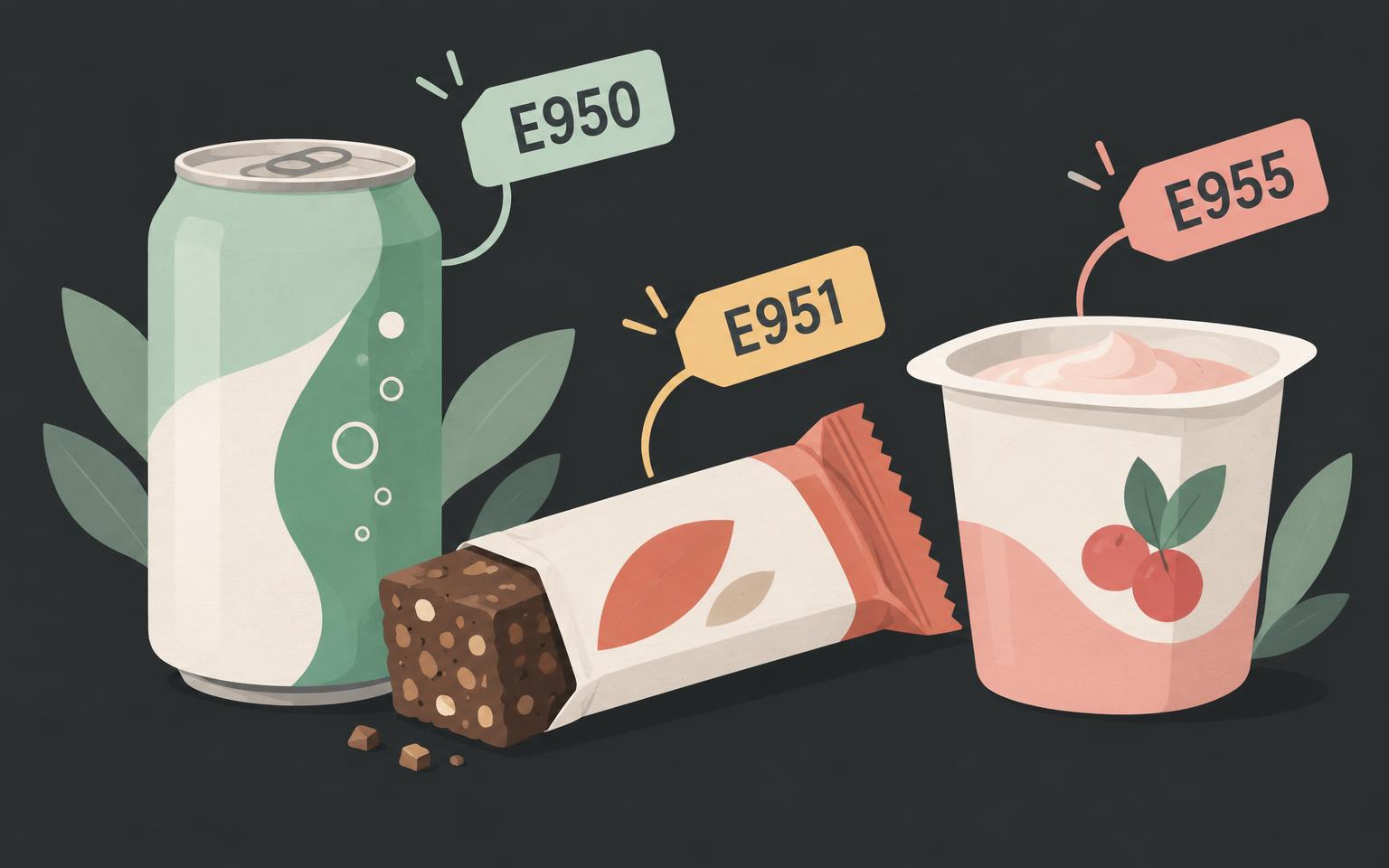 Illustrated zero-sugar drink can, protein bar and yoghurt with E950, E951 and E955 tags