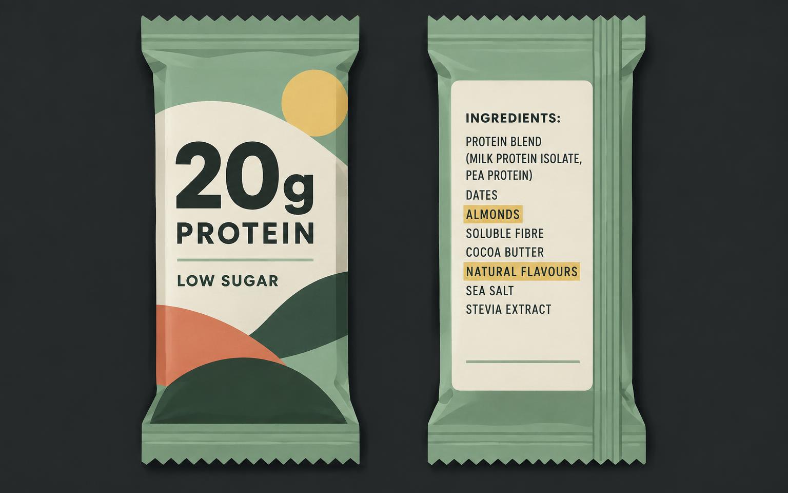 Protein bar wrapper reading 20g protein and low sugar beside the back label with highlighted ingredients