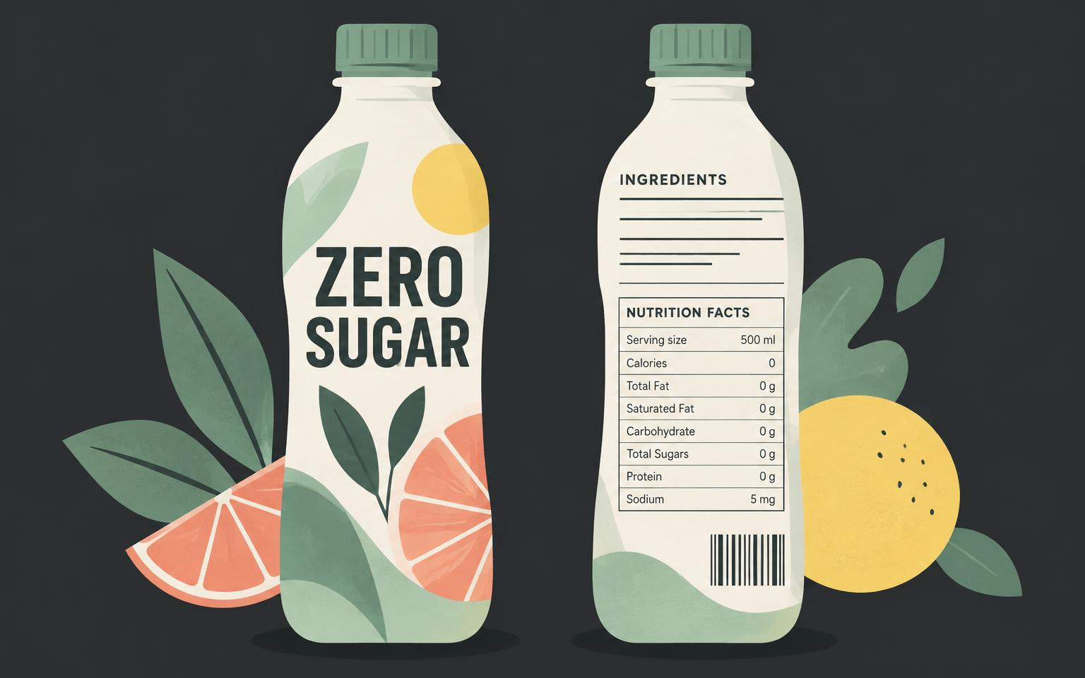 A drink bottle with a large zero sugar claim on the front and its ingredients and nutrition panel on the back
